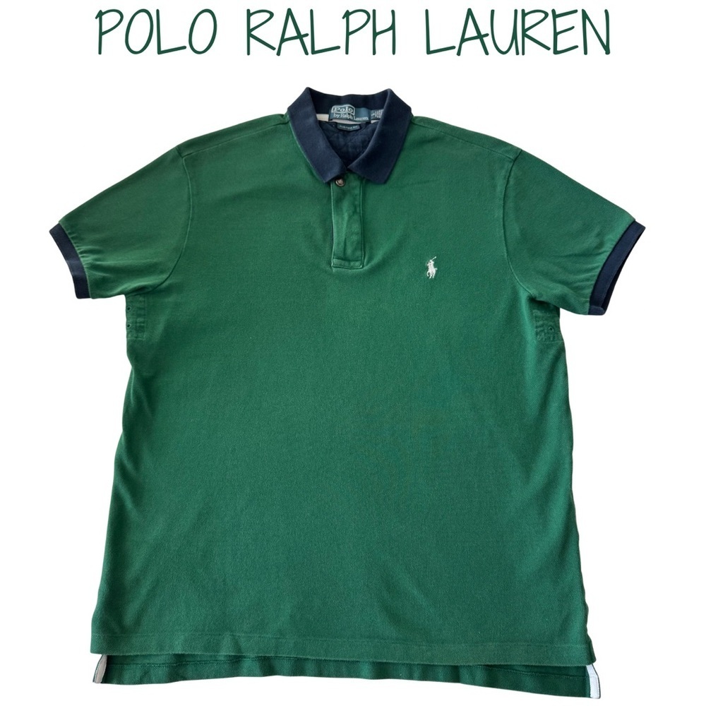 Polo Ralph Lauren Menās Vintage Green Polo L Navy Collar Zip Snapā Closure EUC